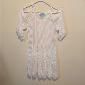 White Lace Cold Shoulder Swim Cover Up Boho Coastal Resort Vacation Beach Dress